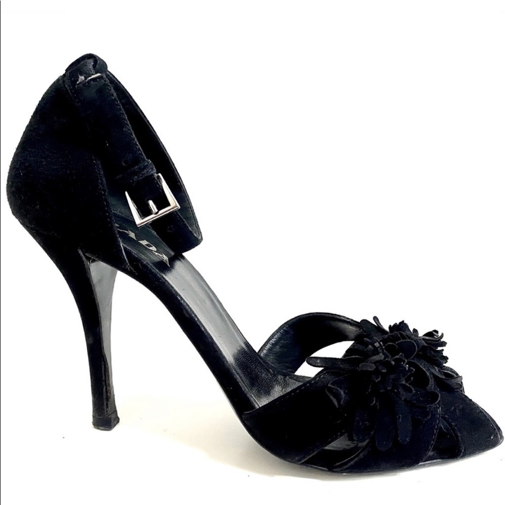 Prada Black Suede Heeled Sandals, Flowers, Size 37 (US 7)